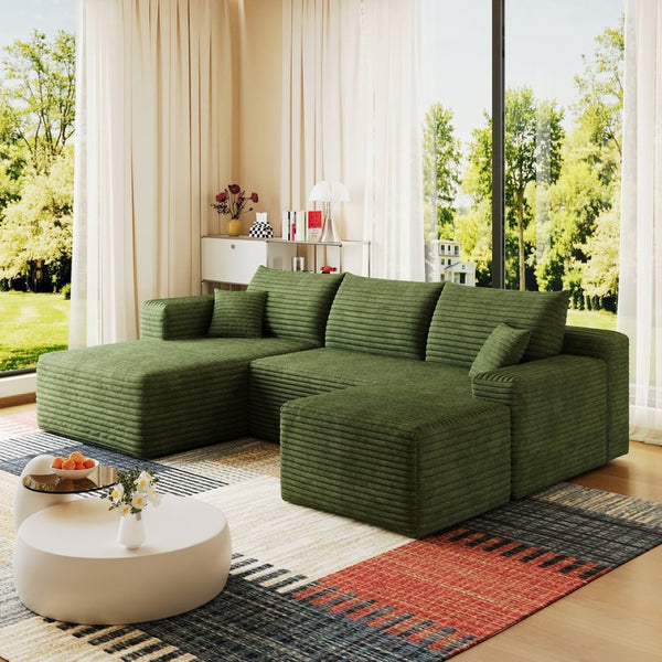 English Elm 95 Inch U Shaped Cloud Sectional Sofa with Ottoman Plush Corduroy Modern Living Room Green - A W2824S00285