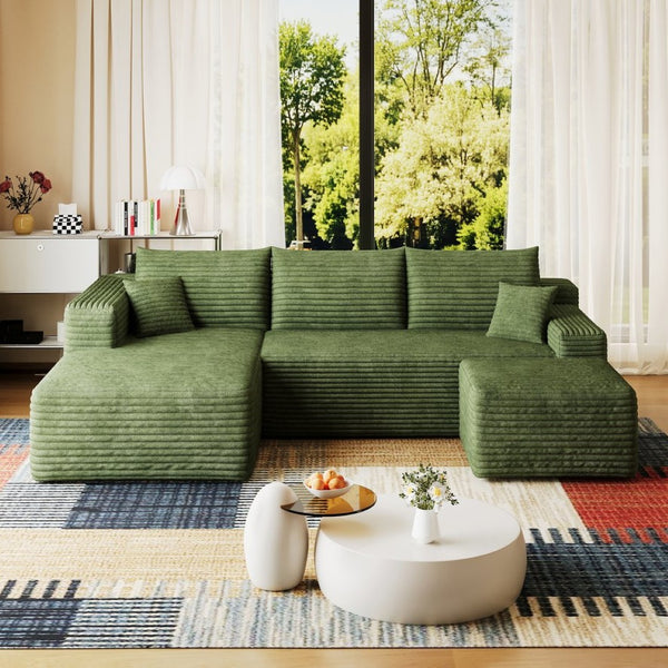 English Elm 95 Inch U Shaped Cloud Sectional Sofa with Ottoman Plush Corduroy Modern Living Room Green - A W2824S00285