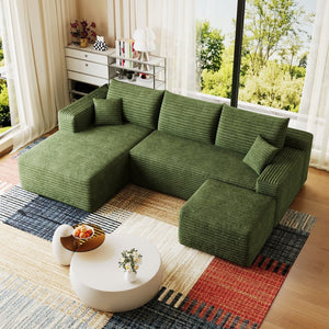 English Elm 95 Inch U Shaped Cloud Sectional Sofa with Ottoman Plush Corduroy Modern Living Room Green - A W2824S00285