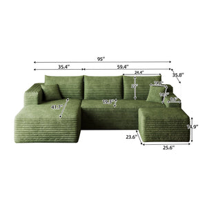 English Elm 95 Inch U Shaped Cloud Sectional Sofa with Ottoman Plush Corduroy Modern Living Room Green - A W2824S00285