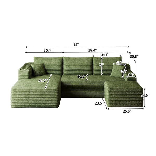 English Elm 95 Inch U Shaped Cloud Sectional Sofa with Ottoman Plush Corduroy Modern Living Room Green - A W2824S00285