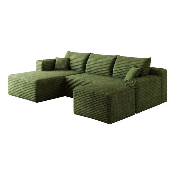 English Elm 95 Inch U Shaped Cloud Sectional Sofa with Ottoman Plush Corduroy Modern Living Room Green - A W2824S00285