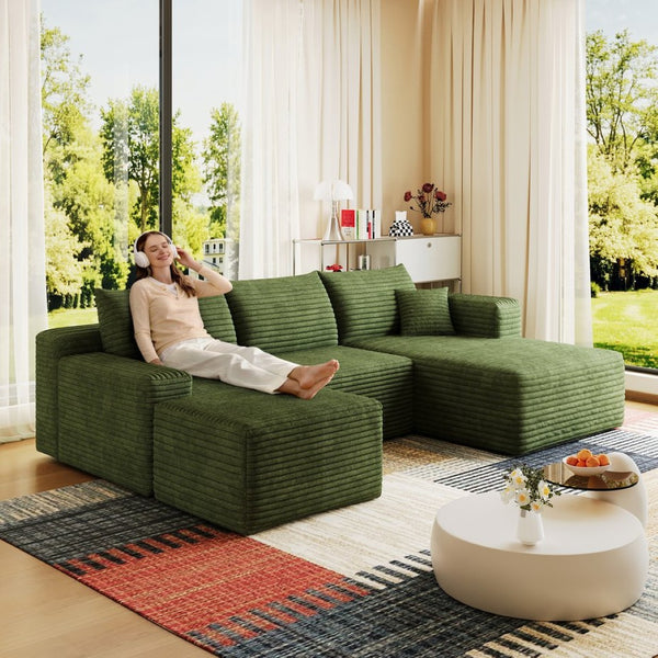 English Elm 95 Inch U Shaped Cloud Sectional Sofa with Ottoman Plush Corduroy Modern Living Room Green - B W2824S00287