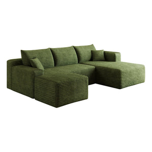 English Elm 95 Inch U Shaped Cloud Sectional Sofa with Ottoman Plush Corduroy Modern Living Room Green - B W2824S00287