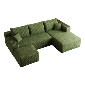 English Elm 95 Inch U Shaped Cloud Sectional Sofa with Ottoman Plush Corduroy Modern Living Room Green - B W2824S00287