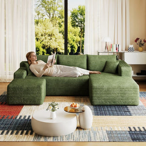 English Elm 95 Inch U Shaped Cloud Sectional Sofa with Ottoman Plush Corduroy Modern Living Room Green - B W2824S00287