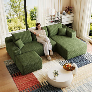 English Elm 95 Inch U Shaped Cloud Sectional Sofa with Ottoman Plush Corduroy Modern Living Room Green - B W2824S00287