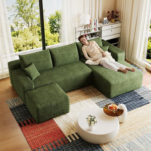 English Elm 95 Inch U Shaped Cloud Sectional Sofa with Ottoman Plush Corduroy Modern Living Room Green - B W2824S00287