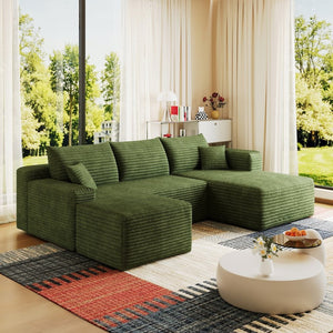 English Elm 95 Inch U Shaped Cloud Sectional Sofa with Ottoman Plush Corduroy Modern Living Room Green - B W2824S00287