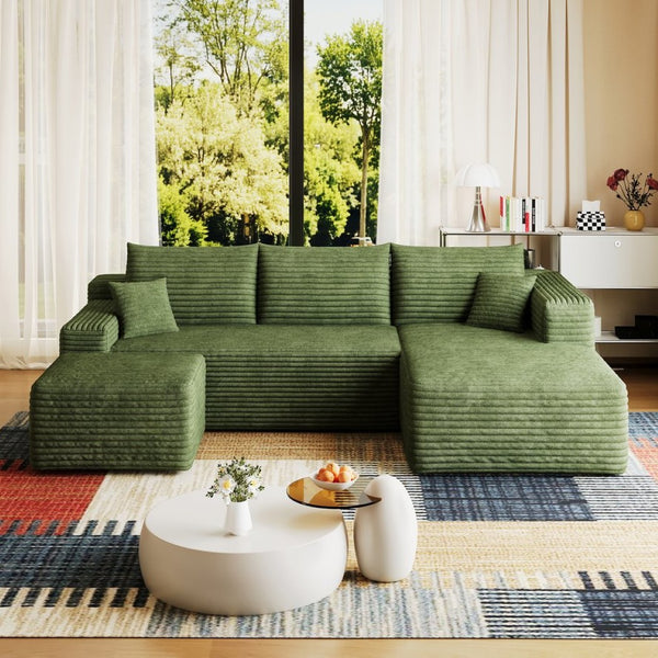 English Elm 95 Inch U Shaped Cloud Sectional Sofa with Ottoman Plush Corduroy Modern Living Room Green - B W2824S00287