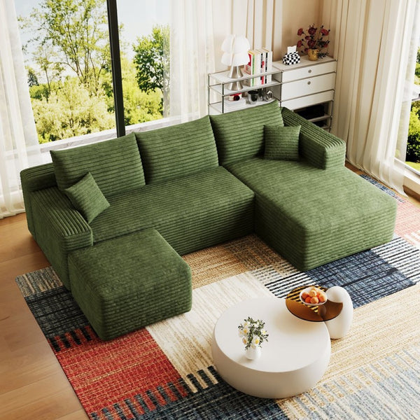English Elm 95 Inch U Shaped Cloud Sectional Sofa with Ottoman Plush Corduroy Modern Living Room Green - B W2824S00287