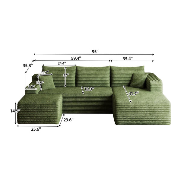 English Elm 95 Inch U Shaped Cloud Sectional Sofa with Ottoman Plush Corduroy Modern Living Room Green - B W2824S00287