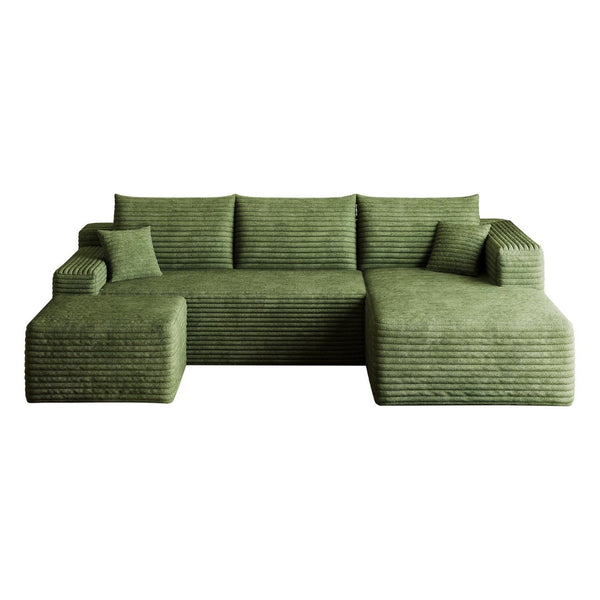 English Elm 95 Inch U Shaped Cloud Sectional Sofa with Ottoman Plush Corduroy Modern Living Room Green - B W2824S00287