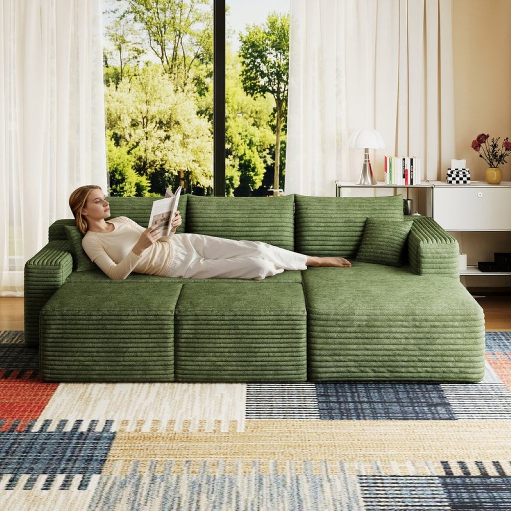 English Elm 95 Inch U Shaped Sectional Sofa with Ottomans Plush Corduroy Cloud Seating Modern W2824S00288