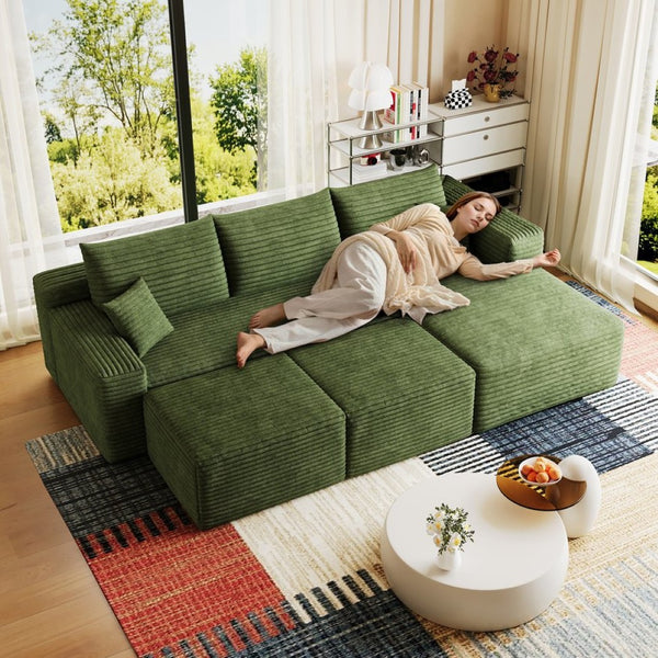 English Elm 95 Inch U Shaped Sectional Sofa with Ottomans Plush Corduroy Cloud Seating Modern W2824S00288
