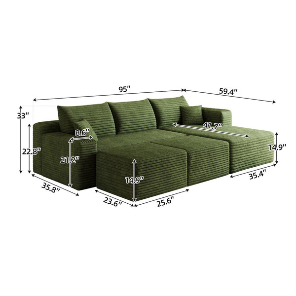 English Elm 95 Inch U Shaped Sectional Sofa with Ottomans Plush Corduroy Cloud Seating Modern W2824S00288