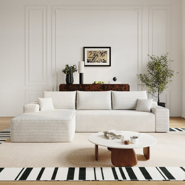 English Elm 107 Inch Modular Cloud Sectional Plush Corduroy Deep Seat Sofa for Living Room White - A W2824S00289