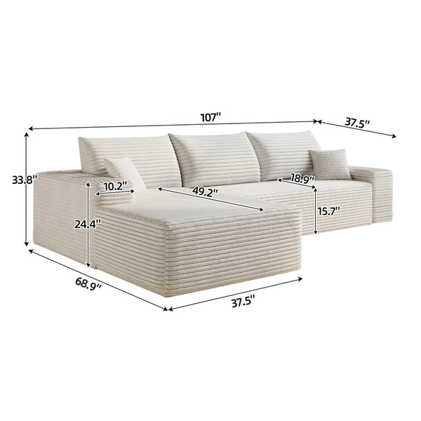 English Elm 107 Inch Modular Cloud Sectional Plush Corduroy Deep Seat Sofa for Living Room White - A W2824S00289