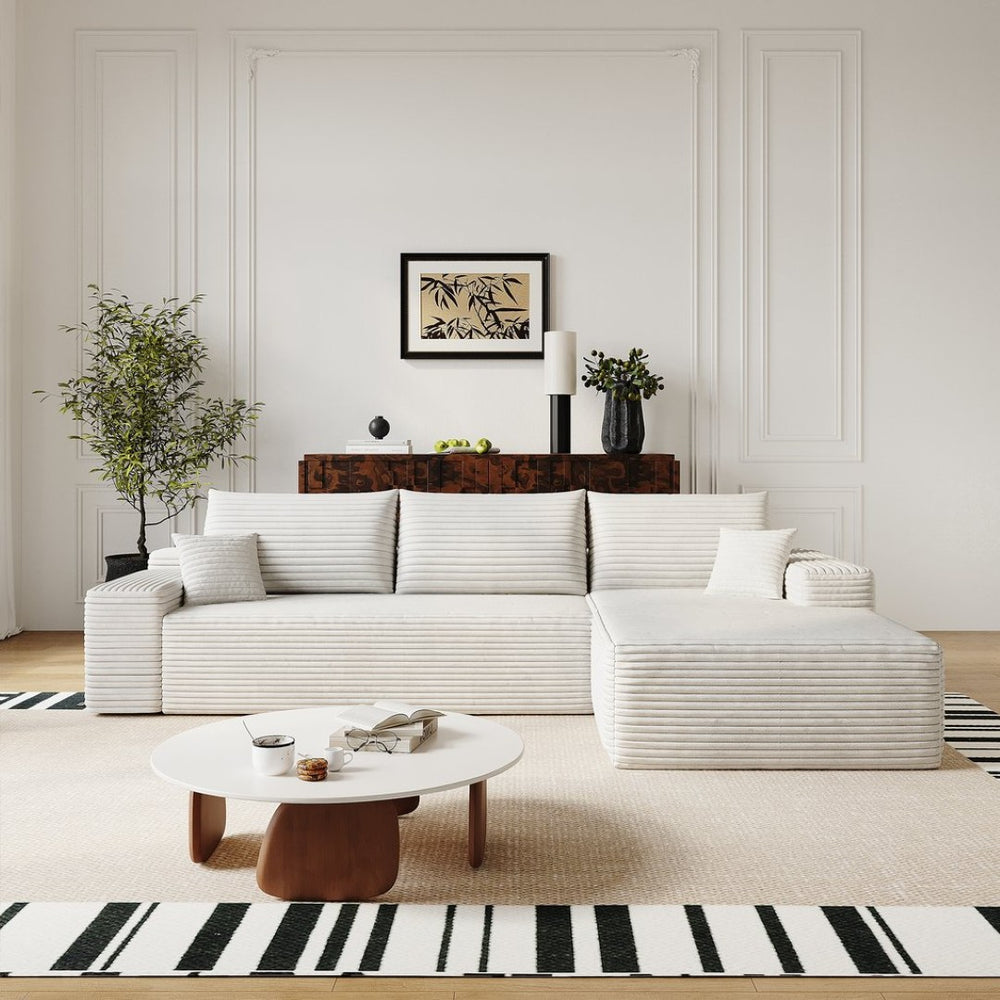 English Elm 107 Inch Modular Cloud Sectional Plush Corduroy Deep Seat Sofa for Living Room White - B W2824S00290
