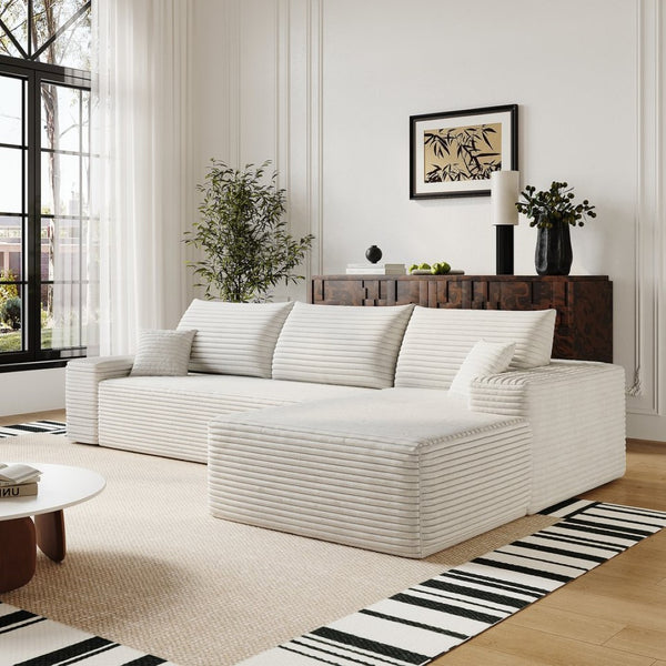 English Elm 107 Inch Modular Cloud Sectional Plush Corduroy Deep Seat Sofa for Living Room White - B W2824S00290