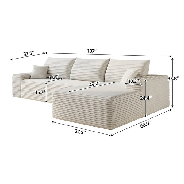 English Elm 107 Inch Modular Cloud Sectional Plush Corduroy Deep Seat Sofa for Living Room White - B W2824S00290