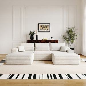 English Elm 107Cloud U Shaped Sectional Sofa with Ottoman Plush Corduroy Deep Seat Living Room White W2824S00291