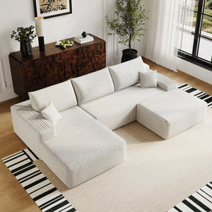 English Elm 107Cloud U Shaped Sectional Sofa with Ottoman Plush Corduroy Deep Seat Living Room White W2824S00291