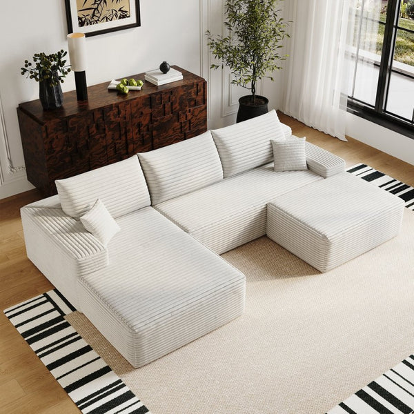 English Elm 107Cloud U Shaped Sectional Sofa with Ottoman Plush Corduroy Deep Seat Living Room White W2824S00291