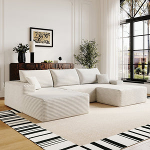 English Elm 107Cloud U Shaped Sectional Sofa with Ottoman Plush Corduroy Deep Seat Living Room White W2824S00291