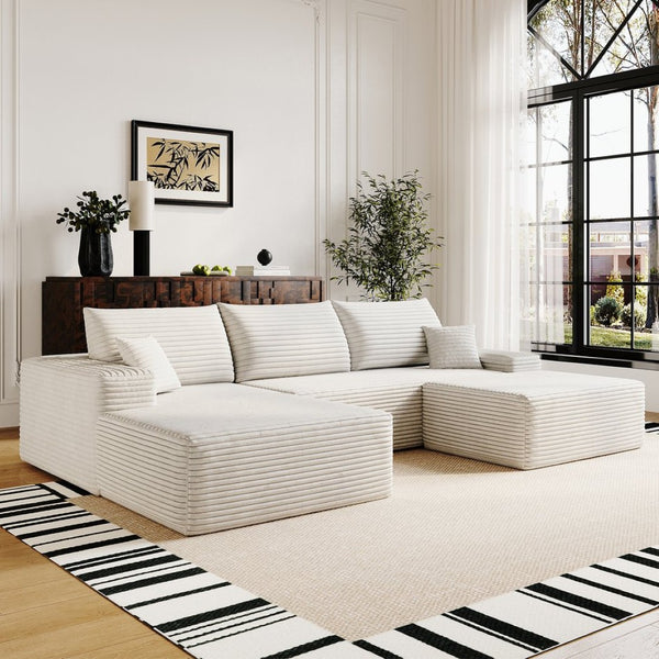 English Elm 107Cloud U Shaped Sectional Sofa with Ottoman Plush Corduroy Deep Seat Living Room White W2824S00291