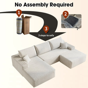 English Elm 107Cloud U Shaped Sectional Sofa with Ottoman Plush Corduroy Deep Seat Living Room White W2824S00291