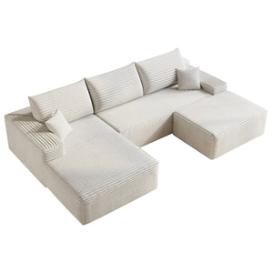 English Elm 107Cloud U Shaped Sectional Sofa with Ottoman Plush Corduroy Deep Seat Living Room White W2824S00291