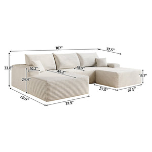English Elm 107Cloud U Shaped Sectional Sofa with Ottoman Plush Corduroy Deep Seat Living Room White W2824S00291