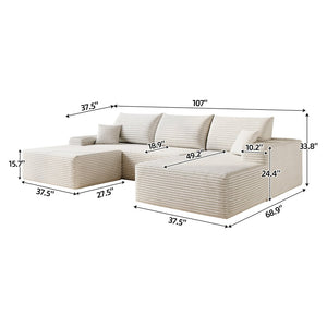 English Elm 107 Inch U Shaped Cloud Sectional Sofa with Ottoman Plush Corduroy Modern Living Room White W2824S00292