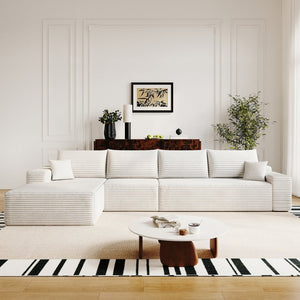 English Elm 135 Inch Modular Cloud Sectional Sofa Plush Corduroy Deep Seat Chaise for Living Room White W2824S00293