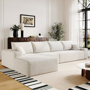 English Elm 135 Inch Modular Cloud Sectional Sofa Plush Corduroy Deep Seat Chaise for Living Room White W2824S00293