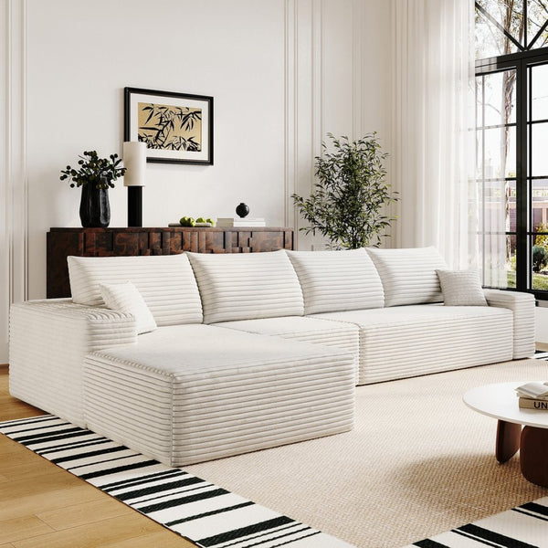 English Elm 135 Inch Modular Cloud Sectional Sofa Plush Corduroy Deep Seat Chaise for Living Room White W2824S00293