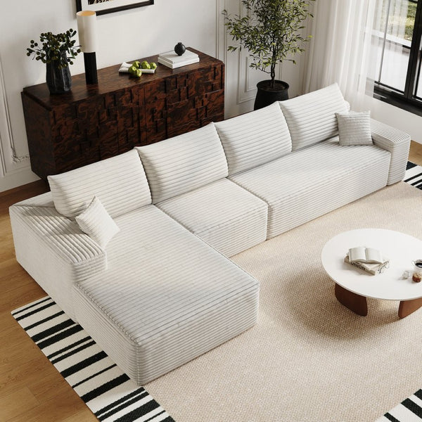 English Elm 135 Inch Modular Cloud Sectional Sofa Plush Corduroy Deep Seat Chaise for Living Room White W2824S00293