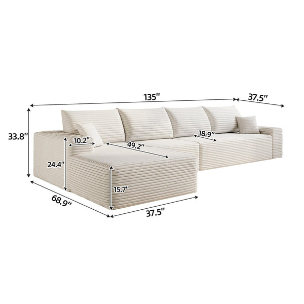 English Elm 135 Inch Modular Cloud Sectional Sofa Plush Corduroy Deep Seat Chaise for Living Room White W2824S00293