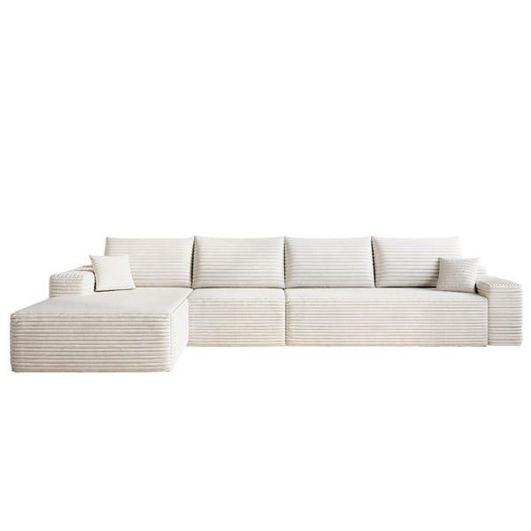 English Elm 135 Inch Modular Cloud Sectional Sofa Plush Corduroy Deep Seat Chaise for Living Room White W2824S00293