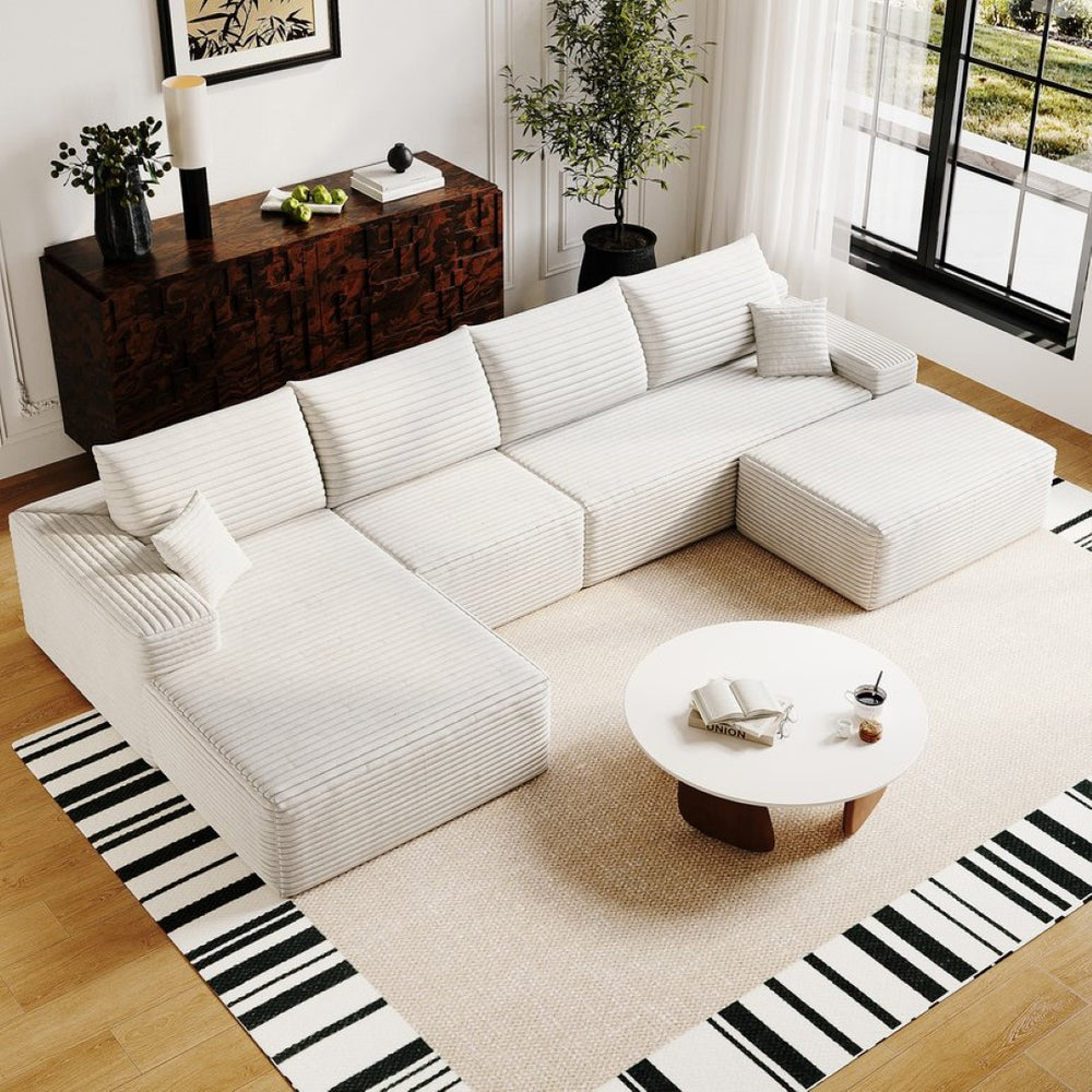 English Elm 135 Inch U Shaped Cloud Sectional Sofa in Plush Corduroy No Assembly Modern Living White With Black W2824S00295
