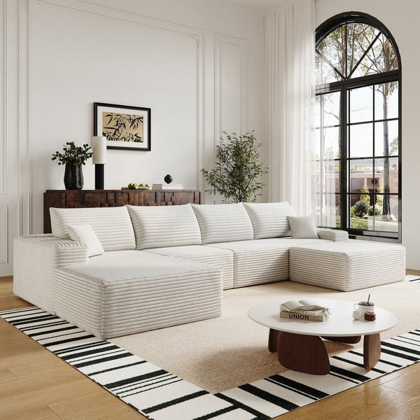 English Elm 135 Inch U Shaped Cloud Sectional Sofa in Plush Corduroy No Assembly Modern Living White With Black W2824S00295