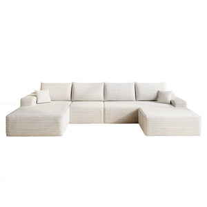 English Elm 135 Inch U Shaped Cloud Sectional Sofa in Plush Corduroy No Assembly Modern Living White With Black W2824S00295