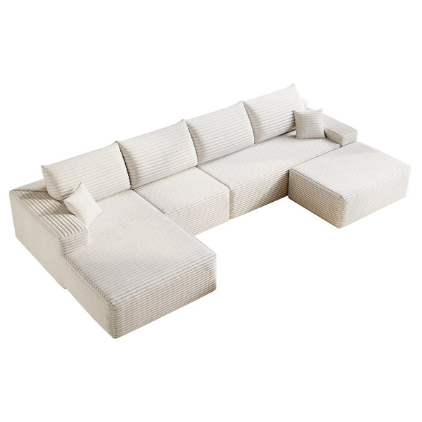 English Elm 135 Inch U Shaped Cloud Sectional Sofa in Plush Corduroy No Assembly Modern Living White With Black W2824S00295