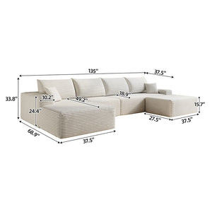 English Elm 135 Inch U Shaped Cloud Sectional Sofa in Plush Corduroy No Assembly Modern Living White With Black W2824S00295