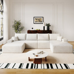 English Elm 135 Inch U Shaped Cloud Sectional Sofa in Plush Corduroy No Assembly Modern Living White Standard W2824S00296