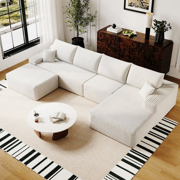 English Elm 135 Inch U Shaped Cloud Sectional Sofa in Plush Corduroy No Assembly Modern Living White Standard W2824S00296
