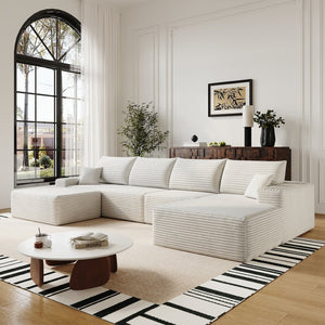 English Elm 135 Inch U Shaped Cloud Sectional Sofa in Plush Corduroy No Assembly Modern Living White Standard W2824S00296