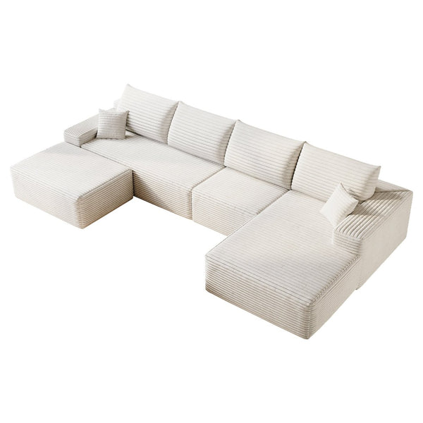 English Elm 135 Inch U Shaped Cloud Sectional Sofa in Plush Corduroy No Assembly Modern Living White Standard W2824S00296