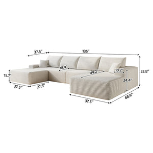 English Elm 135 Inch U Shaped Cloud Sectional Sofa in Plush Corduroy No Assembly Modern Living White Standard W2824S00296